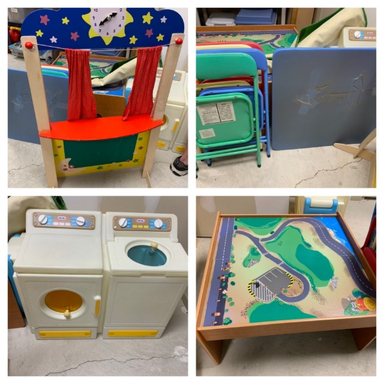 Puppet Show Stand, Play Washer & Dryer, Kids Folding Table and Chairs, Train Table