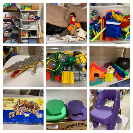 2 Plastic Shelves & Contents - Thanksgiving Themed Items, Sand & Water Toys, Safari Toys,