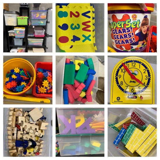 2 Plastic Storage Shelves & Contents -  Foam Educational Items, Gear Toys, Cardboard Blocks