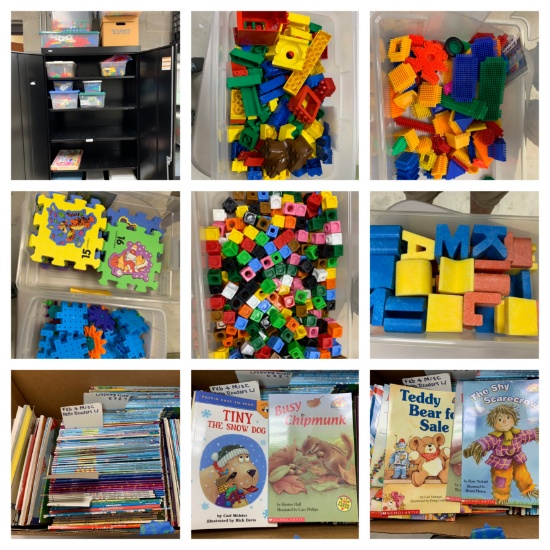 Metal Cabinet with Contents (no key) - Legos, Alphabet Blocks,Great Group of Childrens Books