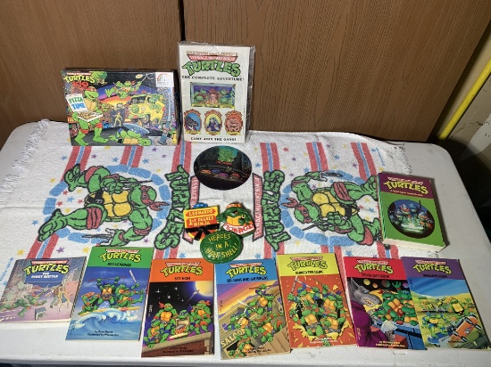 Group of VIntage Ninja Turtles Books, Button, Towel Comic Book, Puzzle & More
