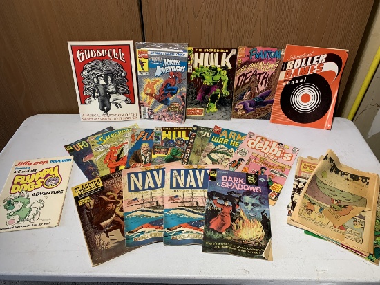 Group of Vintage Comic Books - Spiderman, Hulk, The Phantom, Dark Shadows, Navy,