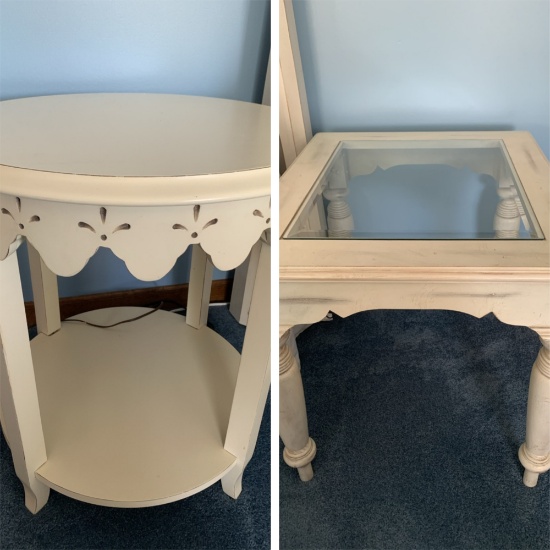 Two Cream Colored Side Tables- One with Glass Top