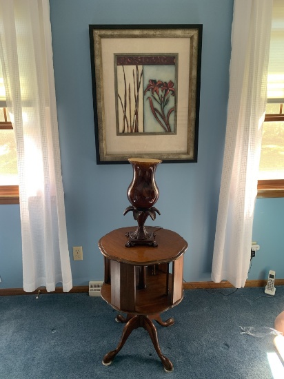 Framed Art, Rotating Library Table, & Glass Empire Style Table Lamp