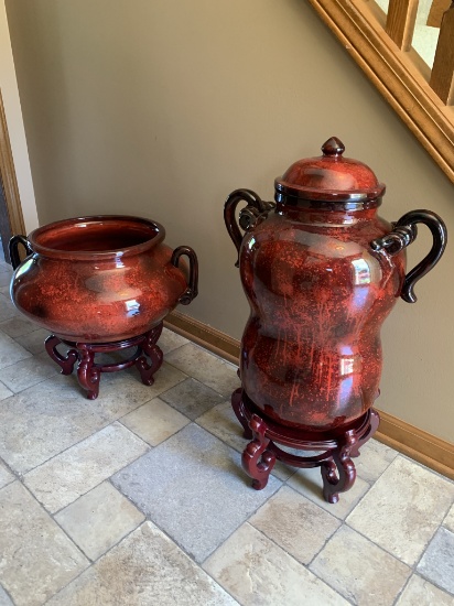 Matching Decorative Asian Style Pot and Urn on Stands