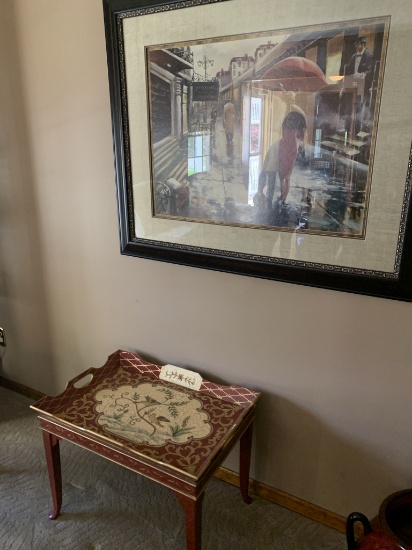 Framed Art Piece and Distressed Style Painted Butler Table