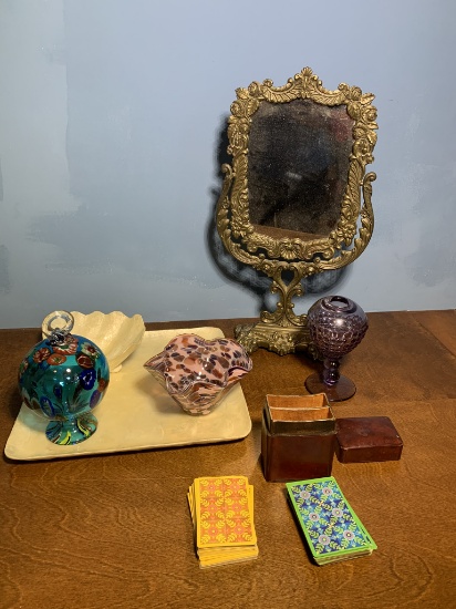 Antique Look Mirror, Art Glass, Vintage Playing Cards with Leather Holder & More