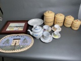Table Lot of Tea Cups, Saucers, Canister Set and More