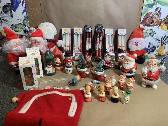 Large Group of Vintage Christmas Candles, Battery Operated Santas, & More