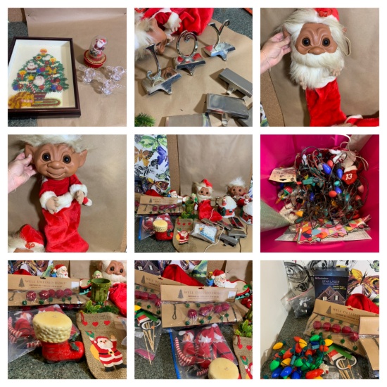 Troll Themed Christmas Stockings, Vintage Lights, Vintage Candle, 3 Elf on a Shelf Dolls, Star Laser