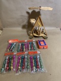 Vintage Plastic Lazarus Ornaments & Vintage Christmas Wooden Windmill with Nativity Scene