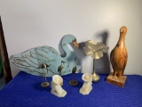 Marble Bookends, Brass Birds, Wooden Goose Cutout, Flower Vase, Wood Bird