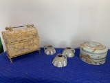 Great Group of Ceramics- Rustic Lidded Box with Stand, 3 Decorative Mugs, & Round Lidded Box