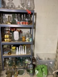 NO METAL SHELF INCLUDED - Large Group of Glassware, Vintage Milk Bottles, Canning Jars, Small Bucket