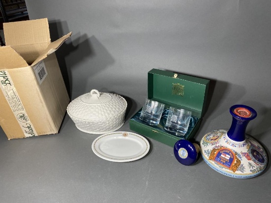 Belleek covered dish, House of Commons whiskey glasses, Lord Nelson decanter and more.