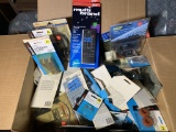 Box of Electronic Devices-Remotes, Stereo Cassette Player, Patch Cord, Replacement Fuses & More