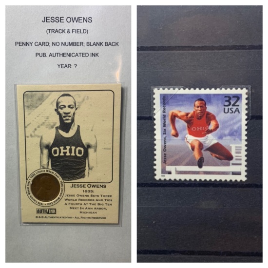 Jesse Owens Track & Field Penny Card & Jesse Owens U.S. Postage Stamp