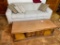 Upholstered Couch, pillows, coffee table