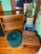 Group of assorted furniture - shelf, 4 stools, trash can