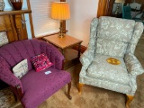 Armchair, purple chair, lamp stand, lamp lot
