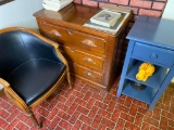 Antique dresser, blue stand, bank, chair