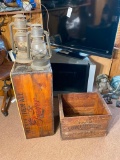 Antique Crate, Shelf Made from Large Crate, 2 Barn Lanterns