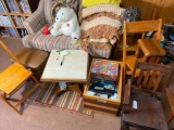 Sleeper sofa, vintage blankets, folding chairs, marble top stand, box, stationery, rocker, stool
