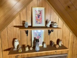 Two Shelves Of Vintage Items - Owl Figurines, nested dolls, Indian Painting