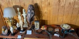 Shelf lot - tribal mask, metal snakes, Egyptian and more
