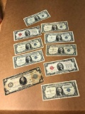 Group lot of antique bank notes including $10, $2, $1