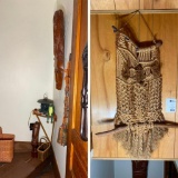 Tribal wooden masks, macrame owl and more lot