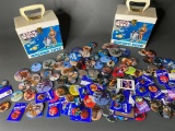 Large lot of original 80s Star Trek, Star Wars buttons with record totes