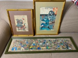 2 Antique Japanese Prints PLUS Large Central American Painting