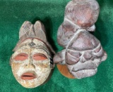 Wooden Tribal Mask Plus Carved Wooden Head on Stand