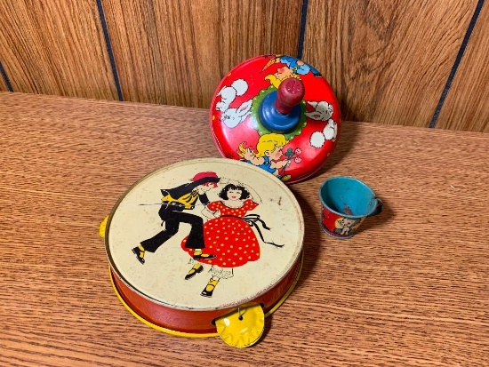 Vintage Toy Tambourine, Tin Cat Cup, Elaine Ends Hileman Metal Toy Top