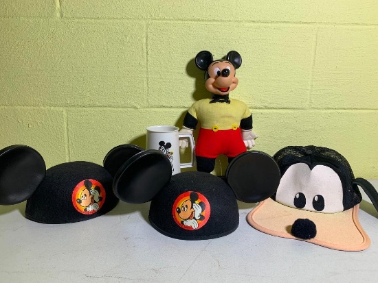 Vintage Mickey Mouse Doll, Goofy House, & Mickey Mouse Ear Hats