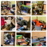 Large Group of Household Items, Lamp, Light Bulbs, Fishing Poles, Hand Weights, Electronics & More