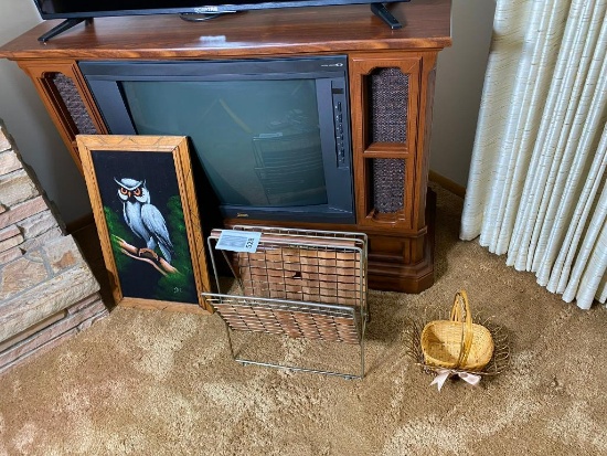 Large console TV, Velvet Owl Art, Magazine Rack, basket