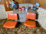 2 Vintage chairs, typing desk, tins, puzzles