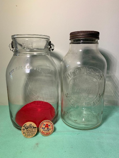 Vintage Horlicks Malted Milk Jar, Racine Wisconsin Bottle, Milk Bottle Caps & One Gallon Glass Jar