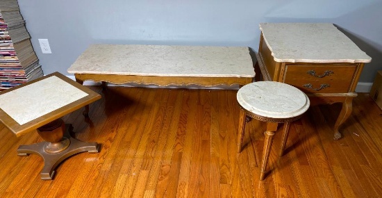 Four Pieces Vintage Mid Century Furniture with Marble Tops