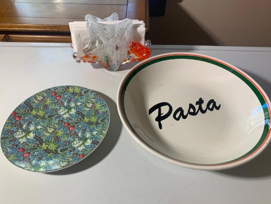 Art Glass Napkin Holder, Pasta Bowl & Decorative Plate