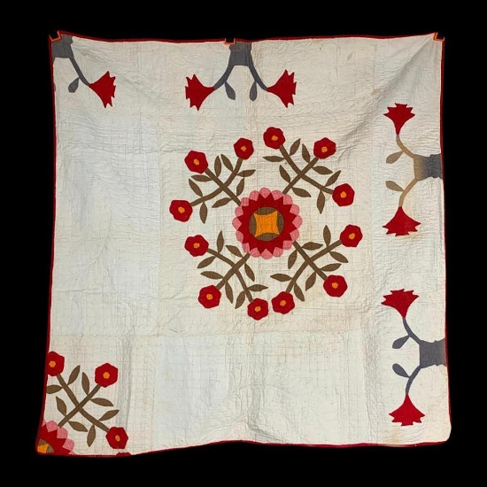 Appliquéd Rose of Sharon Variation Quilt Piece 1860s