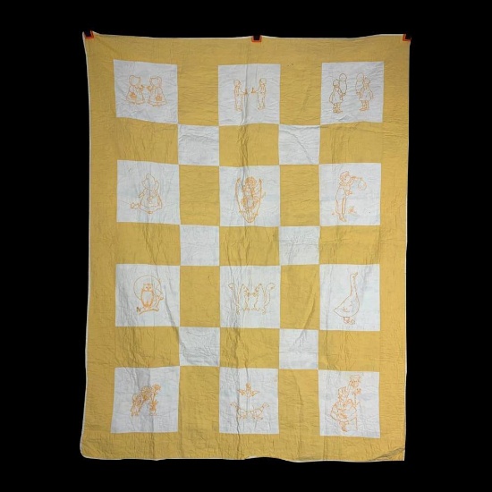 Child's Yellow Embroidery Quilt with Various Nursery Rhymes 1920s-70s