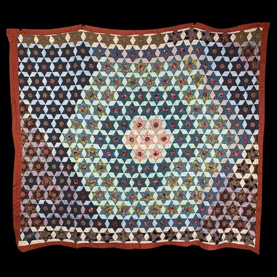 Medallion Format Pieced Six Pointed Stars Quilt 1920s