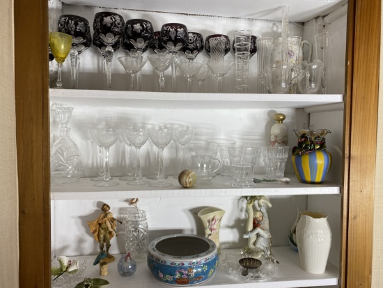 3 Shelves of Vintage Items Including Belleek, Czech Cut Goblets