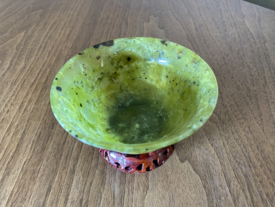 Vintage Thin Spinach Jade Bowl on Stand