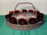 Antique Wicker Tea Caddy with Ruby Red Stemware