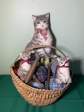 Plush Cats, Antique Thread Spools, Yarn Balls, Yarn & Basket