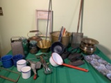 Copper Pot, Ladles, Antique Kitchen Items, Enamelware, Gass Washboard & More.  See Photos.